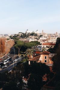 High angle view of city against clear sky