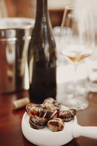 Close-up of beer in glass on table