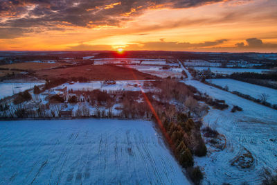 Sunset over fields with dramatic sky