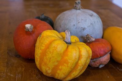 Close-up of pumpkins on table