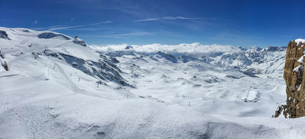 Scenic view of snow covered mountains against sky