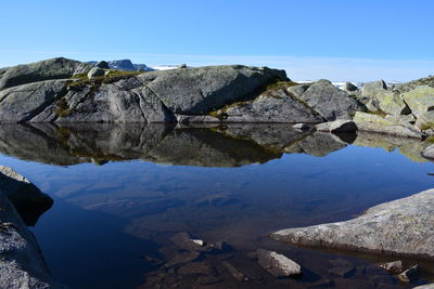 Scenic view of mountains against clear blue sky