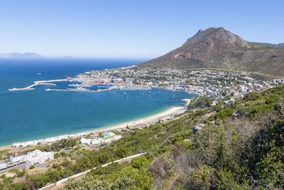 Scenic view of sea and mountains against clear blue sky