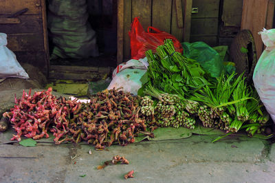 High angle view of vegetables for sale at market stall