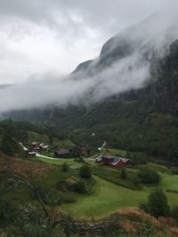 Scenic view of landscape and houses against sky