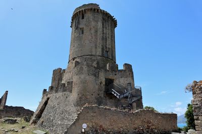 Low angle view of old building against clear blue sky