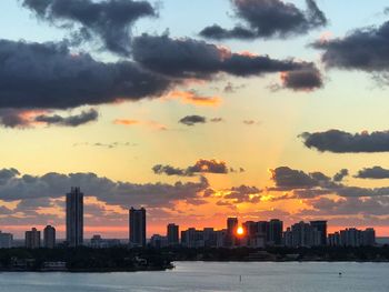 Scenic view of buildings against sky during sunset