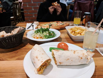 High angle view of breakfast served on table