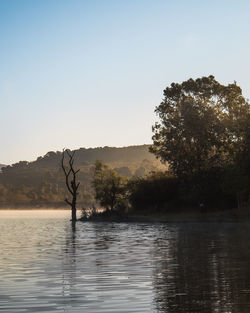 Scenic view of lake against clear sky