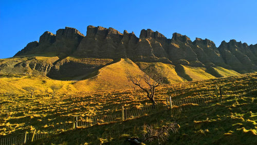 Scenic view of land and mountains against clear sky