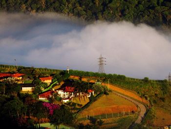 High angle view of agricultural field against sky