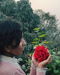 Midsection of woman with red roses