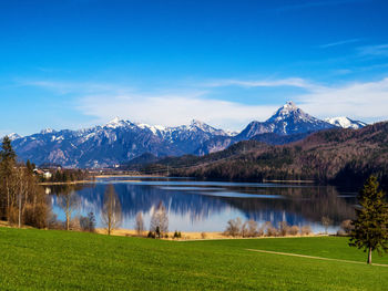 Scenic view of lake and mountains against sky