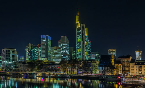 Panoramic view of frankfurt downtown from main river at night, germany