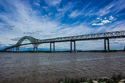 Bridge over calm river against sky