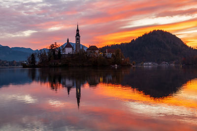 Reflection of buildings in lake against sky during sunset