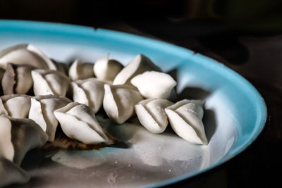 High angle view of dumplings in plate against black background