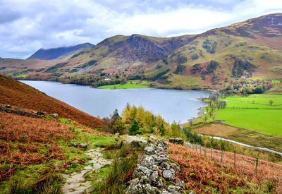 Scenic view of lake and mountains against sky