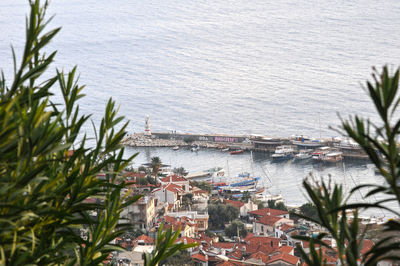 High angle view of bay against buildings