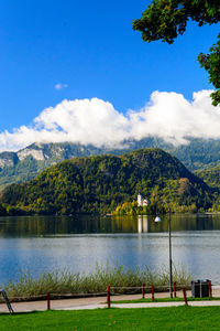 Scenic view of lake by trees against sky