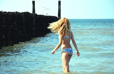 Rear view of woman wearing bikini standing in sea