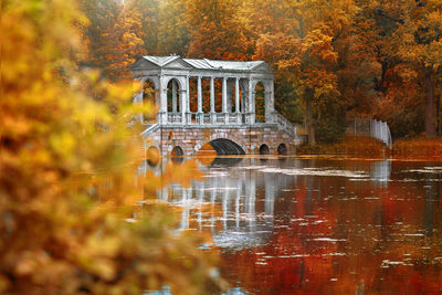 Arch bridge over lake during autumn