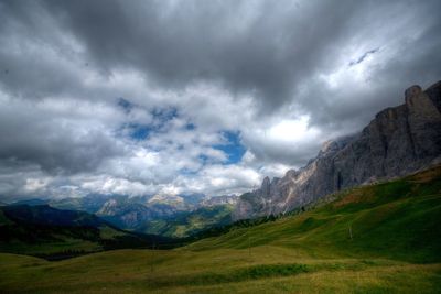 Scenic view of grassy landscape against cloudy sky