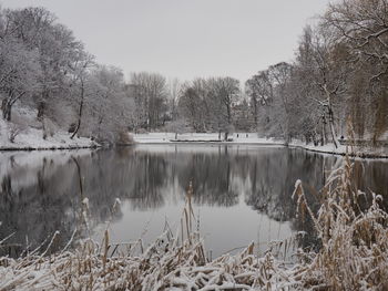 Scenic view of lake against clear sky during winter