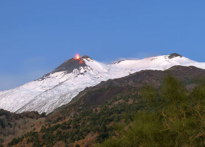 Scenic view of snowcapped mountains against clear blue sky