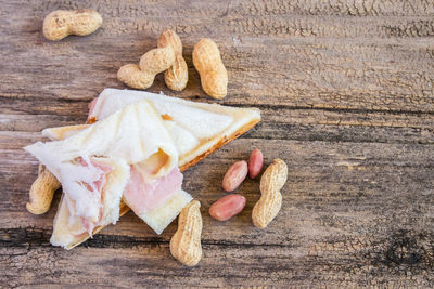 High angle view of chopped bread on cutting board