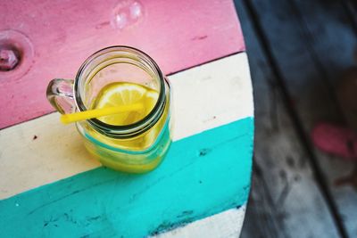 High angle view of water in jar on table