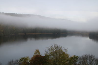 Scenic view of lake by trees against sky