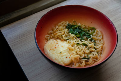High angle view of soup served in bowl