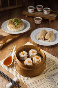 High angle view of dimsum on table