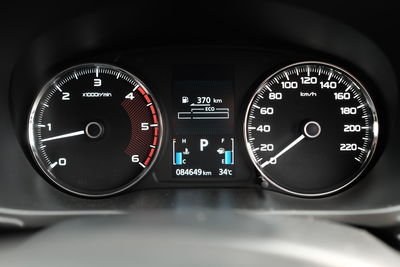 Close-up of speedometer of car