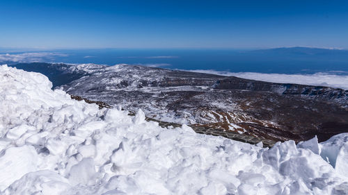 Scenic view of snowcapped mountains against blue sky