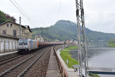 Train on railroad tracks against sky