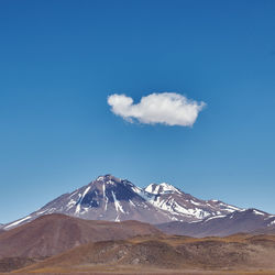 Scenic view of snowcapped mountains against blue sky