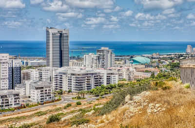 View of the naot peres district of haifa, the stadium and the sea coast