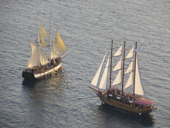 High angle view of sailboat sailing on sea