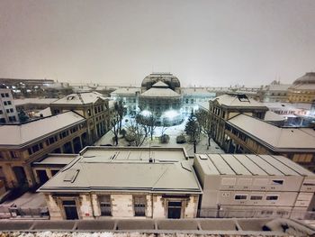 High angle view of buildings against clear sky