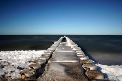 Scenic view of sea against clear blue sky