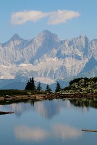 Scenic view of lake and mountains against sky