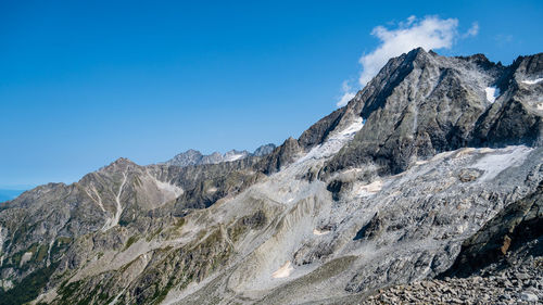 Low angle view of rocky mountains against clear sky