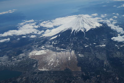 Aerial view of snowcapped mountains against sky