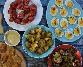 High angle view of breakfast on table