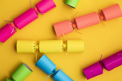 High angle view of christmas decorations on blue background