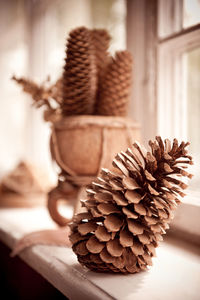 Pine cones inside of decorative urn on window sill