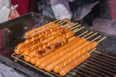 High angle view of food on barbecue grill