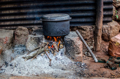 High angle view of food on barbecue grill